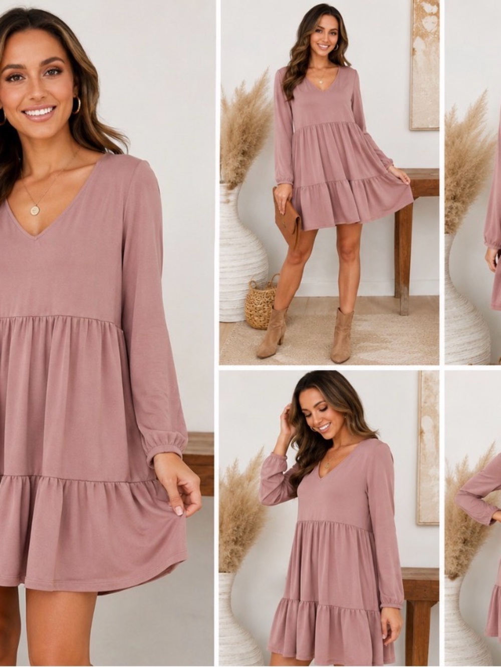 True Craft Dusty Rose V-Neck Tiered Long-Sleeve Dress